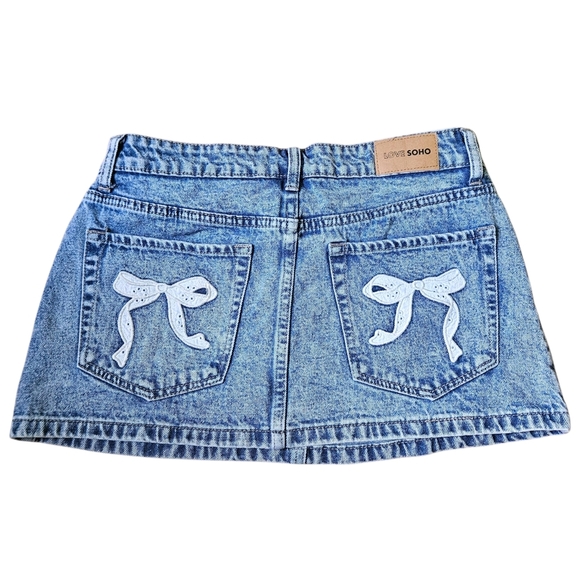 LOVE SOHO Bow Back Denim Mini Skirt Built-In Shorts Size 9 | Y2K Coquette Kawaii - Picture 3 of 11